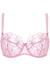 Sheer Mesh Floral Embroidered Bra Bloom Pink by Gorteks features delicate pink mesh with floral embroidery and underwire support. Ideal for elegant lingerie collections.