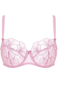 Sheer Mesh Floral Embroidered Bra Bloom Pink by Gorteks features delicate pink mesh with floral embroidery and underwire support. Ideal for elegant lingerie collections.