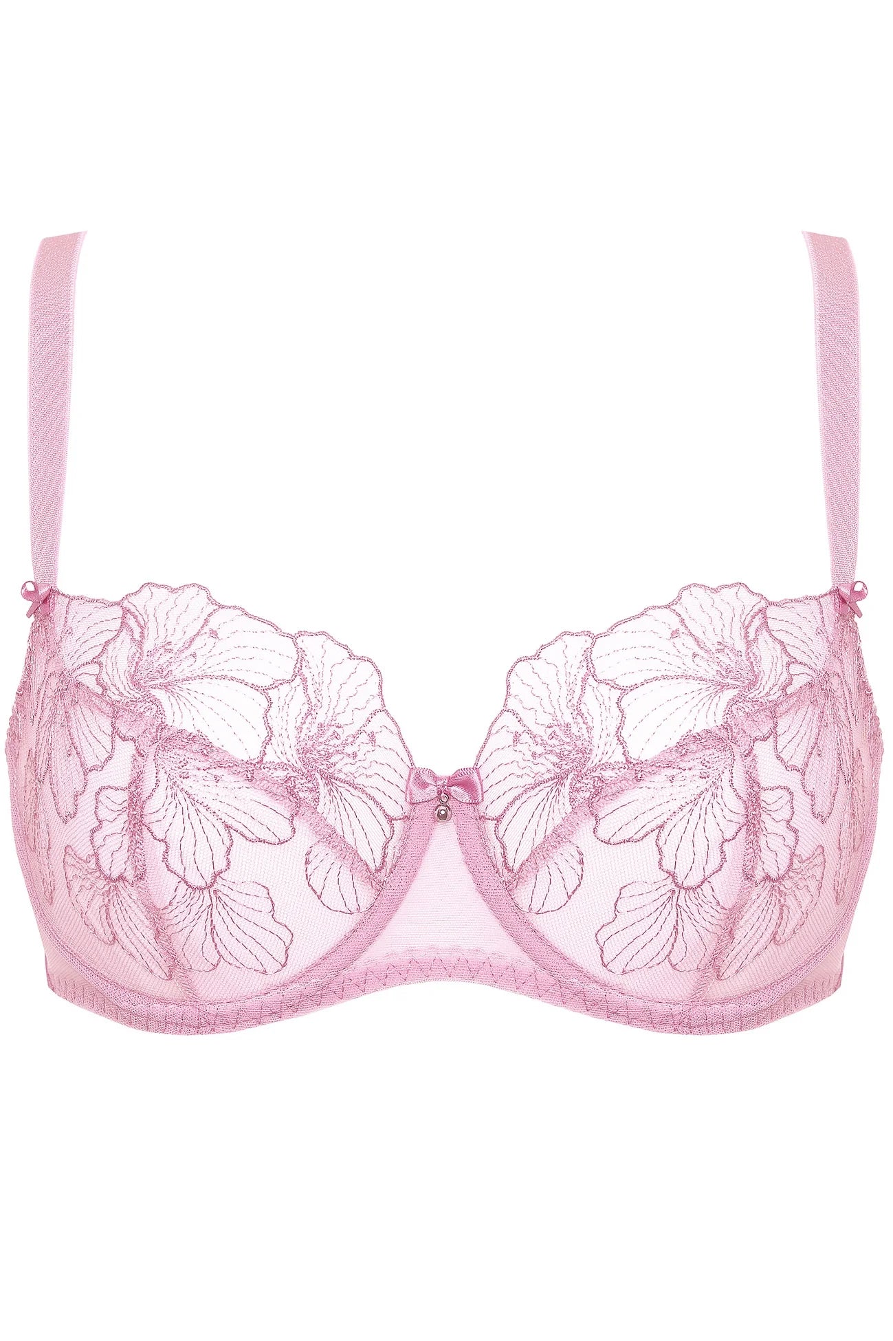 Sheer Mesh Floral Embroidered Bra Bloom Pink by Gorteks features delicate pink mesh with floral embroidery and underwire support. Ideal for elegant lingerie collections.