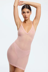 Blush Lotus Rosewater Sheer Mesh Lace Trim Slip Dress