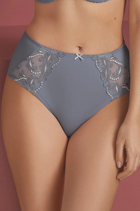 Conturelle Secret Delight Panty in Nordic Blue with sheer lace panels and laser-cut back, offering a seamless, elegant lingerie fit.