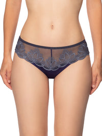 Luxury Desire Lace String Panty in Endless Blue with sheer mesh and floral embroidery, designed for a sensual and elegant lingerie look.