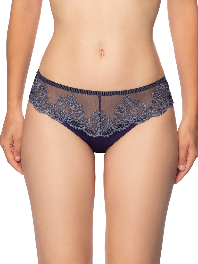 Luxury Desire Lace String Panty in Endless Blue with sheer mesh and floral embroidery, designed for a sensual and elegant lingerie look.