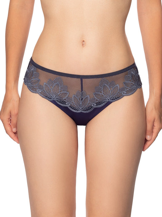 Luxury Desire Lace String Panty in Endless Blue with sheer mesh and floral embroidery, designed for a sensual and elegant lingerie look.