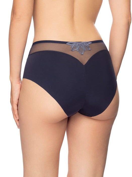 Conturelle Luxury Desire High Brief Panty in Endless Blue featuring sheer mesh back and floral lace detail, high waist design for elegant fit.