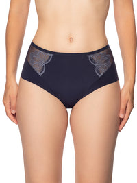 Conturelle Luxury Desire High Brief Panty in Endless Blue with sheer floral lace panels and high waist design for elegant support and comfort.