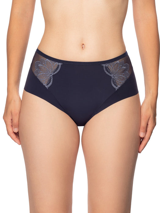 Conturelle Luxury Desire High Brief Panty in Endless Blue with sheer floral lace panels and high waist design for elegant support and comfort.
