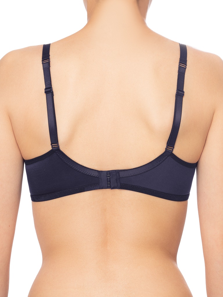 Back view of Conturelle Luxury Desire Sheer Lace Bra in navy blue, showing adjustable straps and hook-and-eye closure for full-figure support.