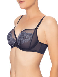 Conturelle Luxury Desire Sheer Lace Bra in navy blue with floral embroidery, underwire support, and adjustable double straps for full-figure fit.
