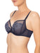 Conturelle Luxury Desire Sheer Lace Bra in navy blue with floral embroidery, underwire support, and adjustable double straps for full-figure fit.