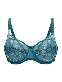 Conturelle Bloomy Days Sheer Lace Wired Bra 805852 in green with floral embroidery, underwire support, and adjustable straps for full figure comfort.