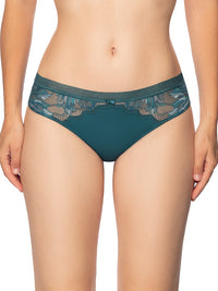 Conturelle Bloomy Days Lace Midi Brief Panty 810852 in green with floral lace detail at Lavinia Lingerie. Elegant bikini panty in plus sizes L to 3XL.