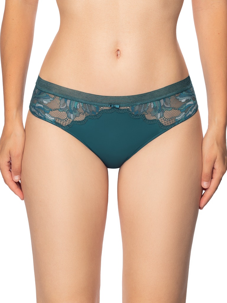 Conturelle Bloomy Days Lace Midi Brief Panty 810852 in green with floral lace detail at Lavinia Lingerie. Elegant bikini panty in plus sizes L to 3XL.