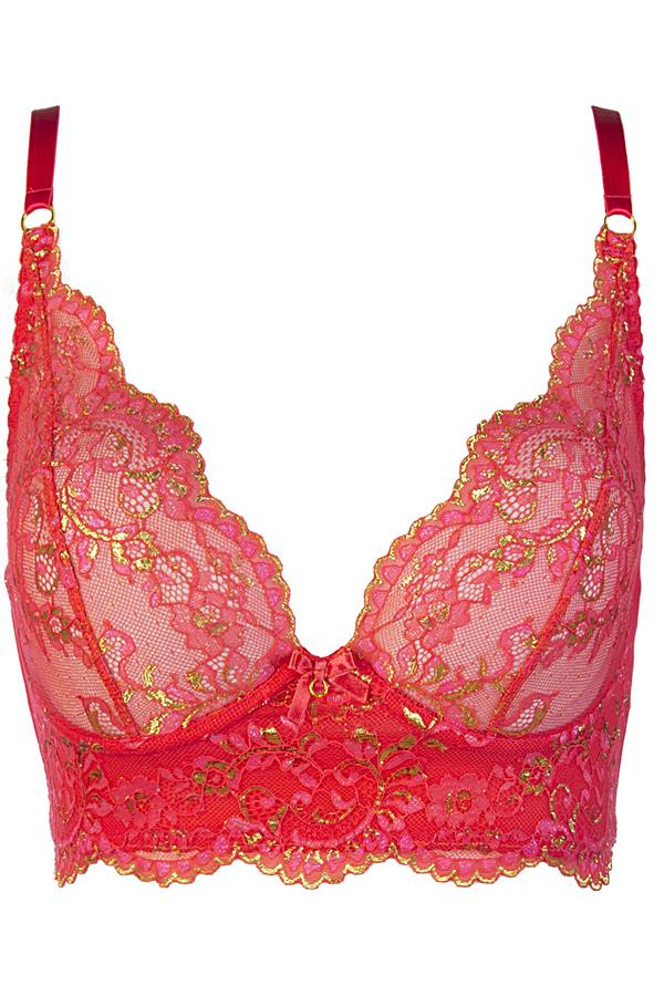 Close-up of the front of a coral glow lace bra with detailed embroidery, scalloped edges, and a small bow at the center, SKU: AXV11901-COR-34B