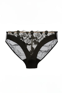 Dita Von Teese Rosabelle Sheer Bikini Panty in black with soft tulle, rose embroidery, and stretch mesh back for a luxurious lingerie look.