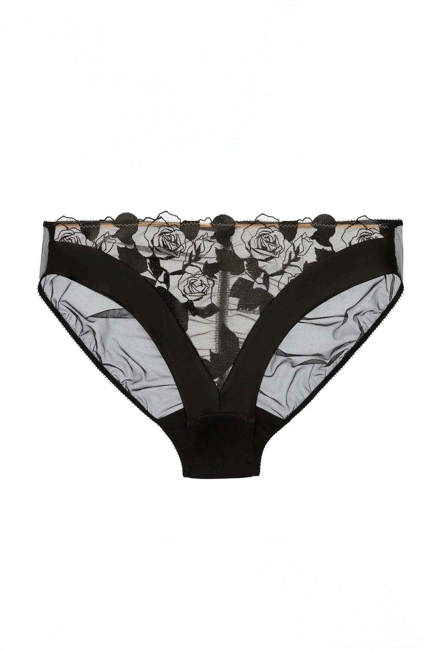 Dita Von Teese Rosabelle Sheer Bikini Panty in black with soft tulle, rose embroidery, and stretch mesh back for a luxurious lingerie look.
