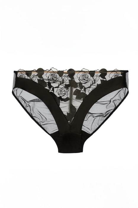 Dita Von Teese Rosabelle Sheer Bikini Panty in black with soft tulle, rose embroidery, and stretch mesh back for a luxurious lingerie look.