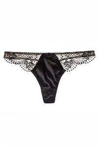 Dita Von Teese Julie's Roses Thong Panty in black with sheer mesh sides, rose embroidery, and satin front for a luxurious lingerie look.