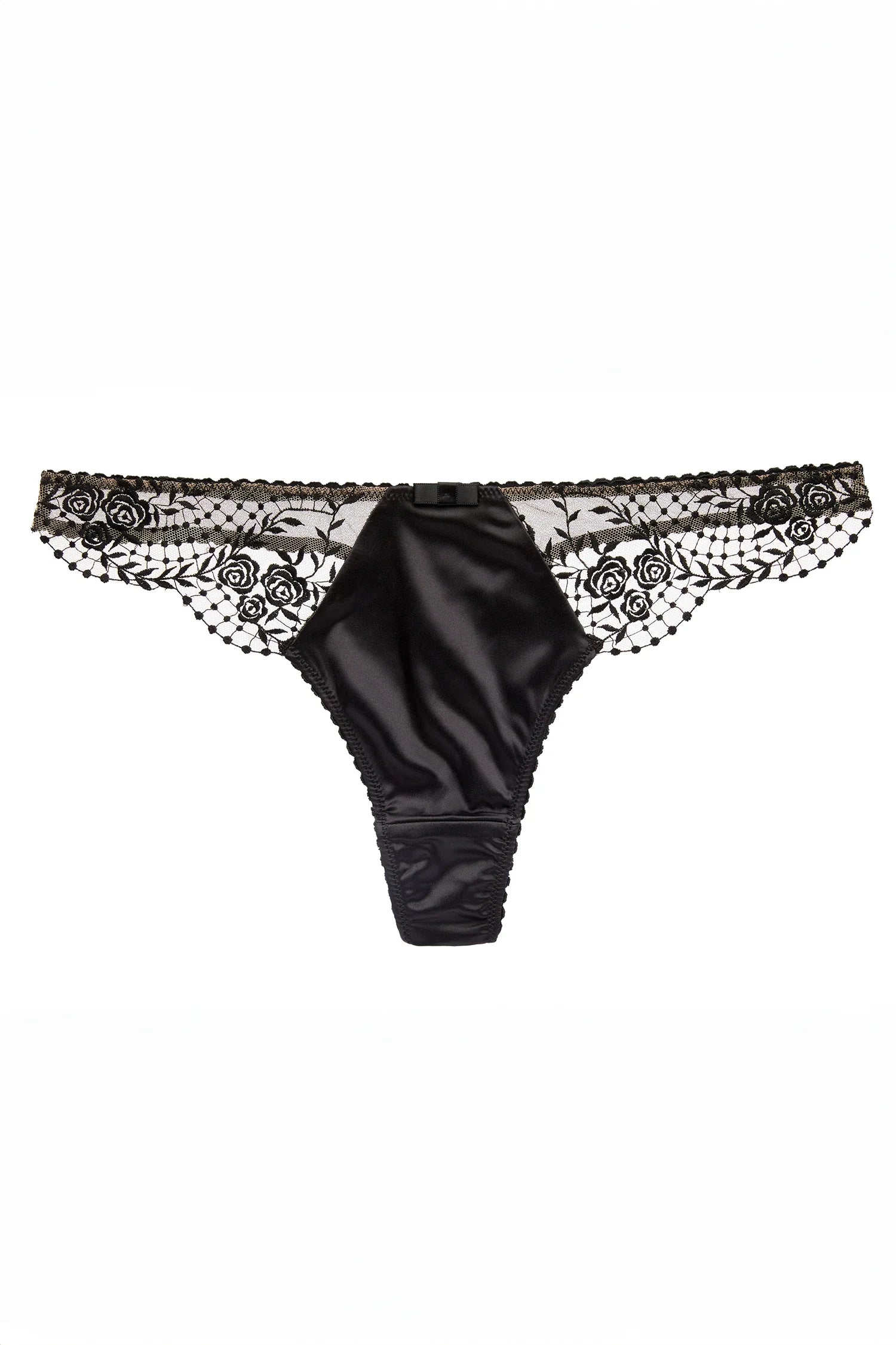 Dita Von Teese Julie's Roses Thong Panty in black with sheer mesh sides, rose embroidery, and satin front for a luxurious lingerie look.
