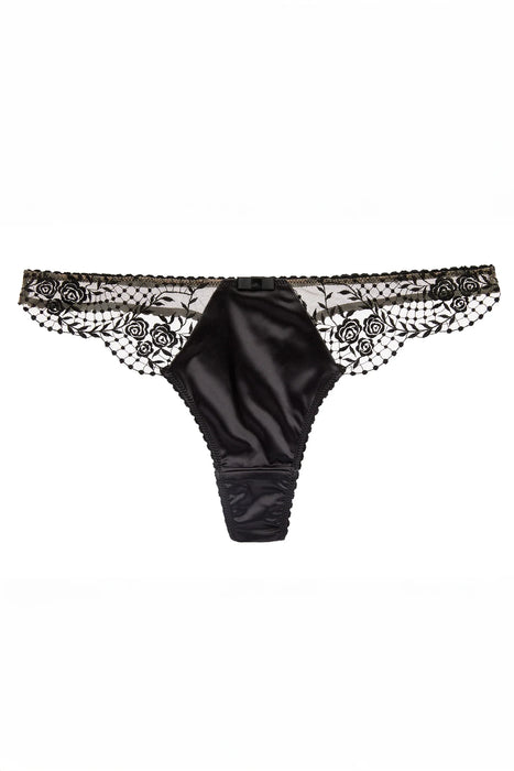 Dita Von Teese Julie's Roses Thong Panty in black with sheer mesh sides, rose embroidery, and satin front for a luxurious lingerie look.