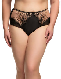 Dita Von Teese Julie's Roses Bikini in black with embroidered mesh panels and satin front, classic brief cut for vintage-inspired lingerie style.
