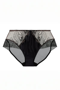 Dita Von Teese Julie's Roses Bikini in black with embroidered mesh panels and satin front, classic brief cut lingerie for vintage-inspired elegance.