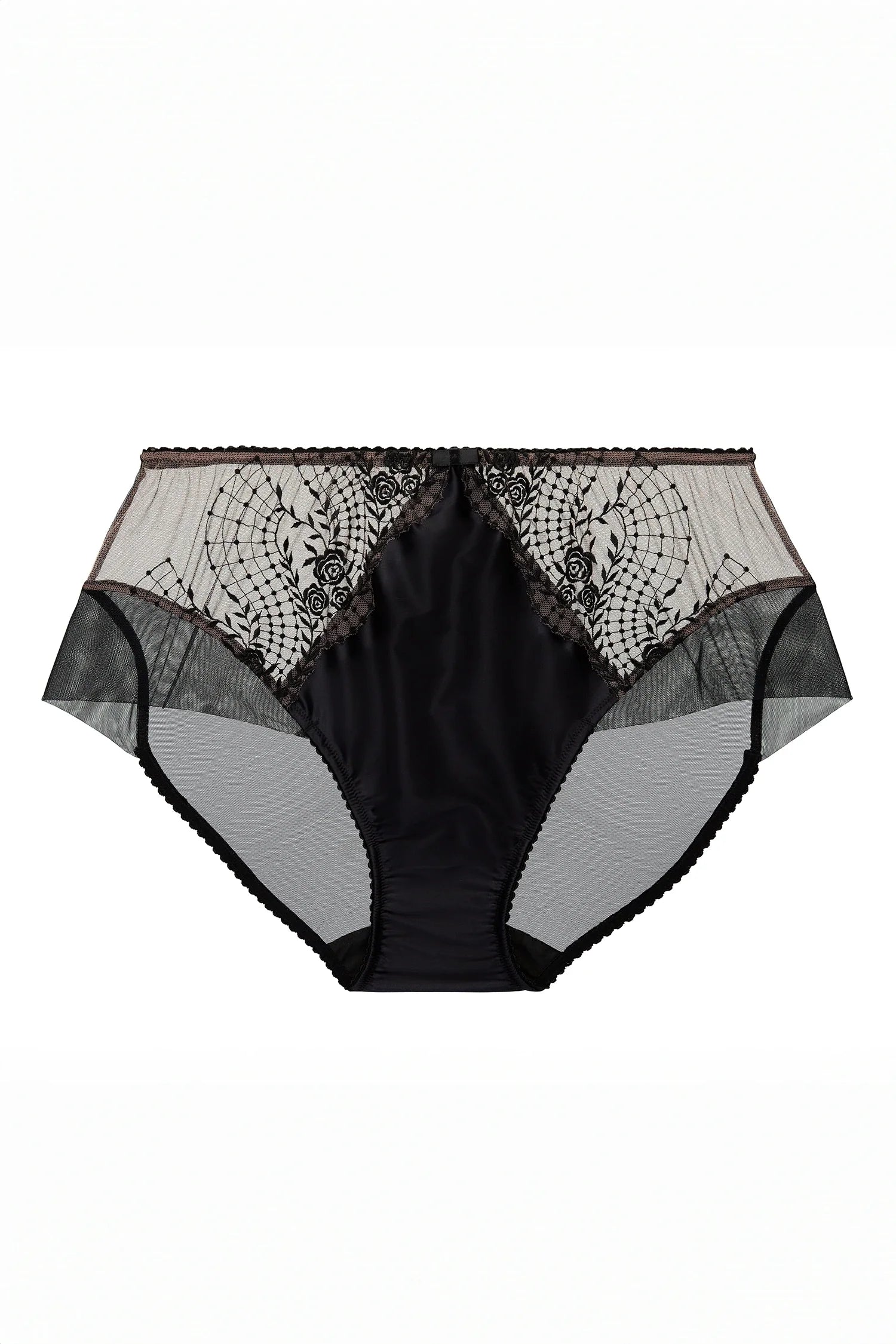 Dita Von Teese Julie's Roses Bikini in black with embroidered mesh panels and satin front, classic brief cut lingerie for vintage-inspired elegance.
