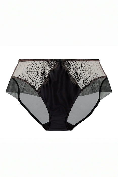 Dita Von Teese Julie's Roses Bikini in black with embroidered mesh panels and satin front, classic brief cut lingerie for vintage-inspired elegance.