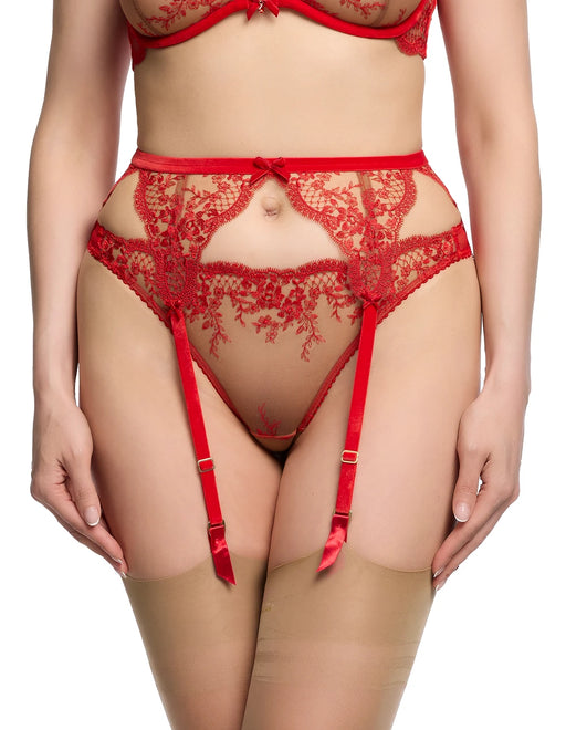 Lavinia Flame Lingerie - Elegance Suspender G-String Panty in red mesh with velvet trim and embroidered lace, part of Dita Von Teese collection.