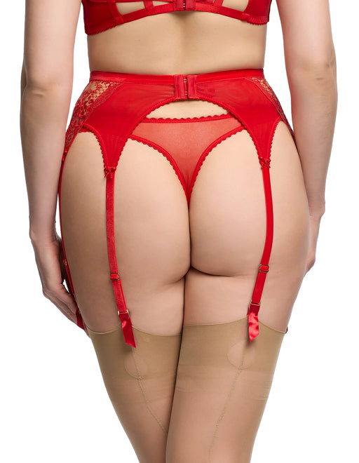Lavinia Flame Lingerie - Elegance Suspender in red mesh with velvet trim and embroidered details, featuring Dita Von Teese G-string panty and garter belt.