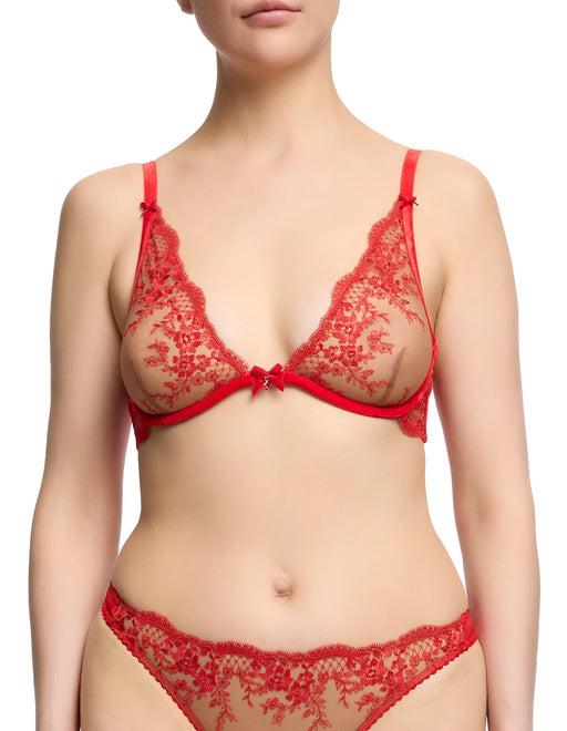 Lavinia Flame Plunge Bra by Dita Von Teese in sheer red mesh with floral embroidery and velvet trim, offering vintage glamour and underwire support.