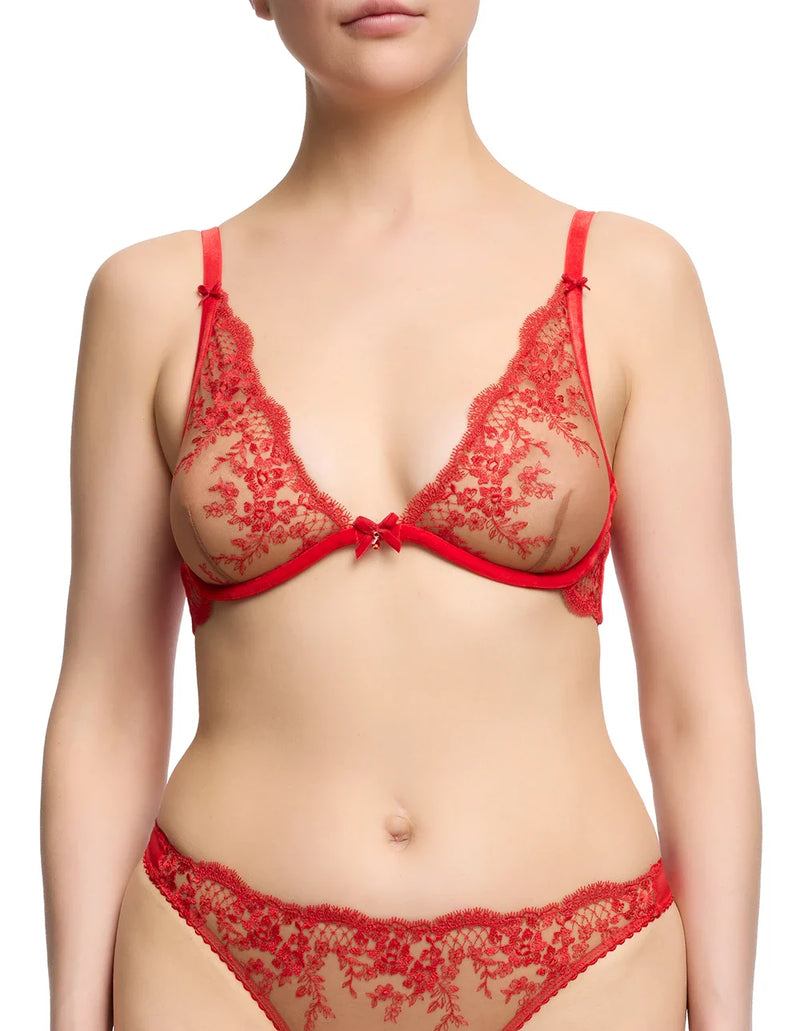 Lavinia Flame Plunge Bra by Dita Von Teese in sheer red mesh with floral embroidery and velvet trim, offering vintage glamour and underwire support.