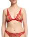 Lavinia Flame Plunge Bra by Dita Von Teese in sheer red mesh with floral embroidery and velvet trim, offering vintage glamour and underwire support.
