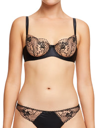 Front view of Dita Von Teese Julie's Roses Sheer Balconette Bra with sheer floral embroidery and structured underwire cups.