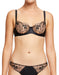 Front view of Dita Von Teese Julie's Roses Sheer Balconette Bra with sheer floral embroidery and structured underwire cups.