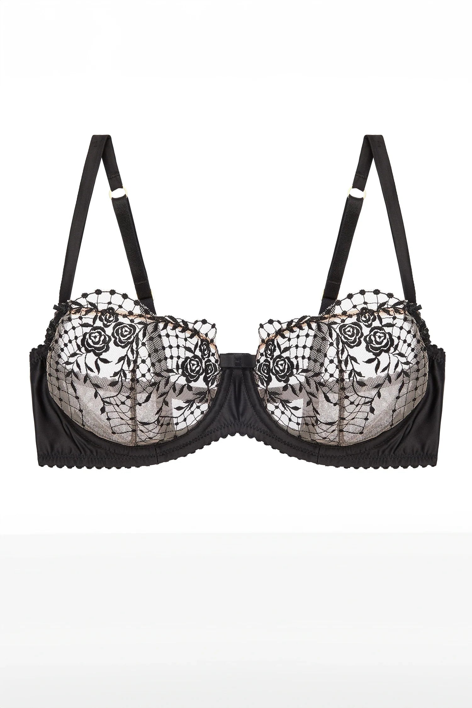 Flat lay of Julie's Roses Sheer Balconette Bra by Dita Von Teese, showcasing sheer embroidered cups and satin underband.