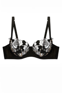 Flat lay of Dita Von Teese Rosabelle Underwire Balconette Bra Black highlighting rose embroidery and underwire balconette design.