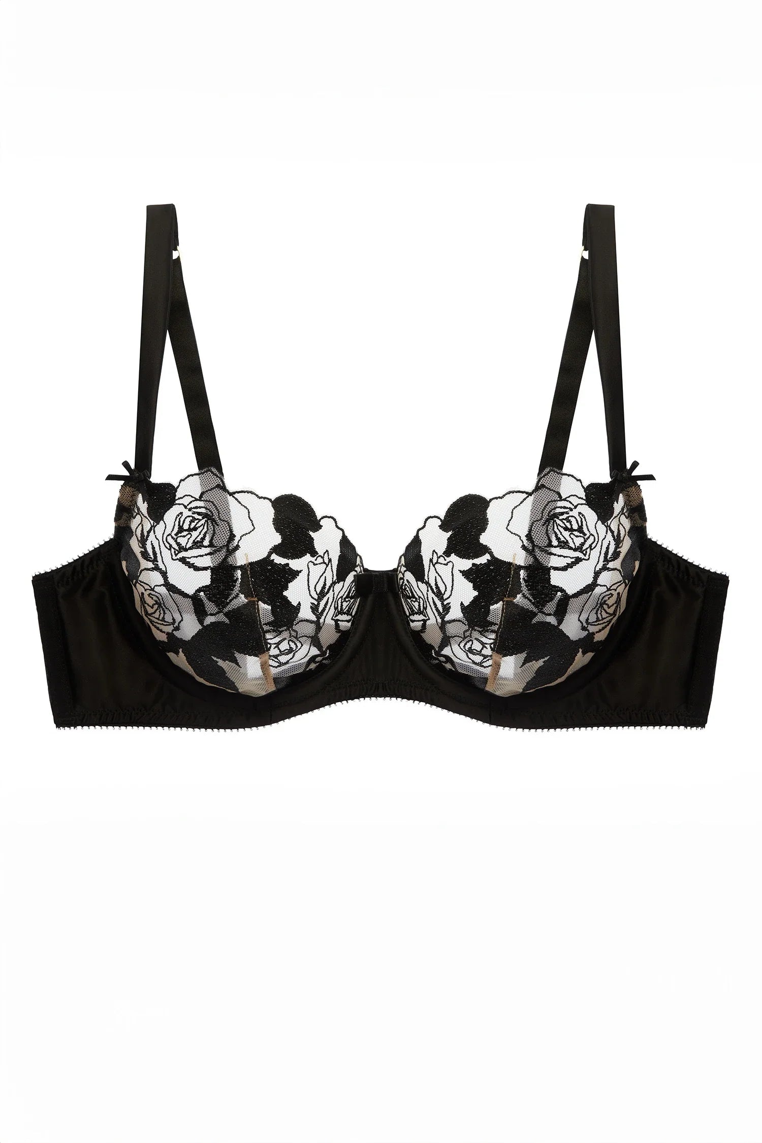 Flat lay of Dita Von Teese Rosabelle Underwire Balconette Bra Black highlighting rose embroidery and underwire balconette design.