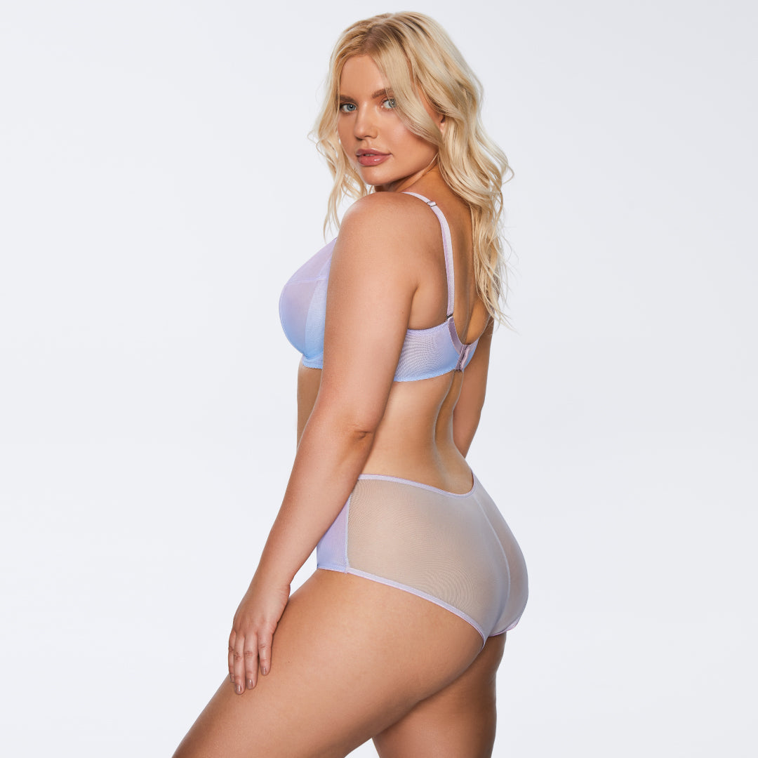 Plus Size Sheer Mesh Full Busted Bra & High Waist Panty Kinga Digital Blue Intimates Set back view
