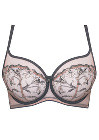 Sheer mesh balconette bra Samanta Eliza in gray with floral embroidery, underwire support, and breathable fabric for sexy comfort. Ideal for full figures.