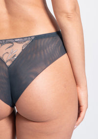 Sexy Embroidered Brazilian Panty – Samanta Eliza in gray with sheer mesh and floral lace embroidery, offering a seamless low-rise fit for women.