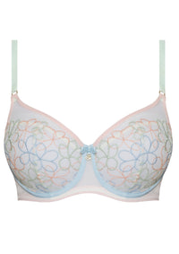 Product shot of Mesh Balconette Bra Samanta Fiorella featuring underwire support and intricate multicolor floral embroidery.