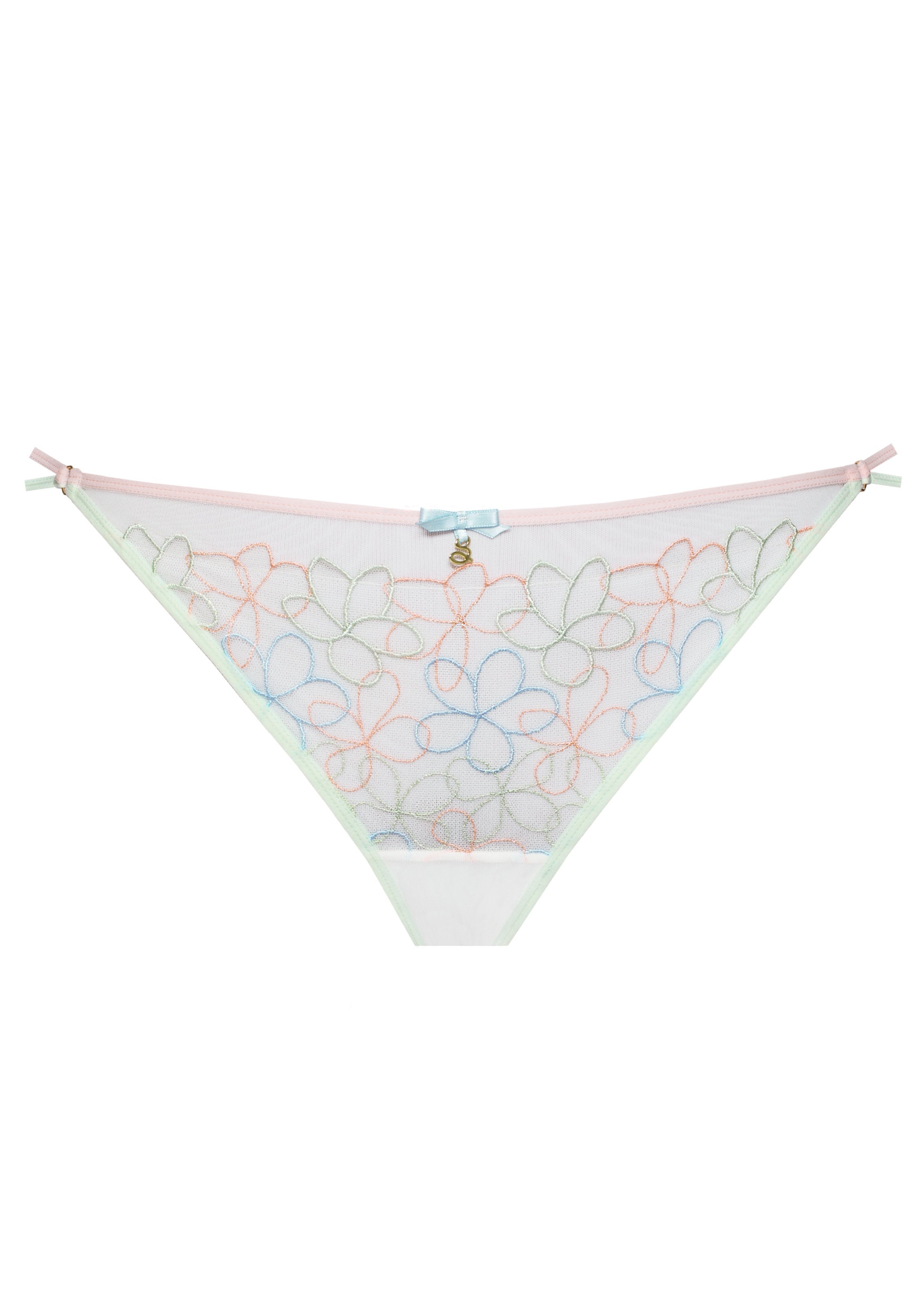 Flat lay of Low-Rise Mesh String Panty Samanta Fiorella C300 displays pastel floral embroidery, sheer mesh, and satin bow accent in lingerie category.