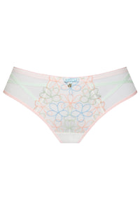 Flat lay of Low-Rise Mesh Brazilian Tanga Panty Samanta Fiorella M300 with pastel floral embroidery and sheer mesh, perfect for elegant lingerie sets.