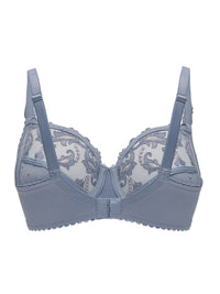 Conturelle Secret Delight Bra in Nordic blue with sheer lace cups, floral embroidery, and underwire support for full figure comfort and elegance.