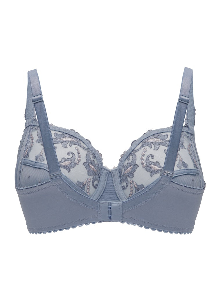 Conturelle Secret Delight Bra in Nordic blue with sheer lace cups, floral embroidery, and underwire support for full figure comfort and elegance.