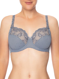 Conturelle Secret Delight Bra in Nordic blue with sheer lace cups, floral embroidery, and underwire support for full figure comfort and elegance.