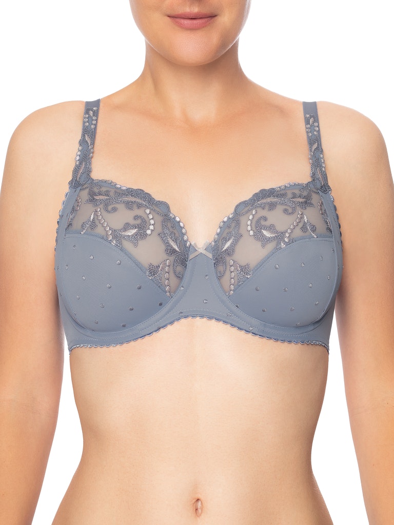 Conturelle Secret Delight Bra in Nordic blue with sheer lace cups, floral embroidery, and underwire support for full figure comfort and elegance.