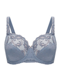 Conturelle Secret Delight Bra in Nordic blue with sheer lace cups, floral embroidery, and underwire support for full figure elegance and comfort.