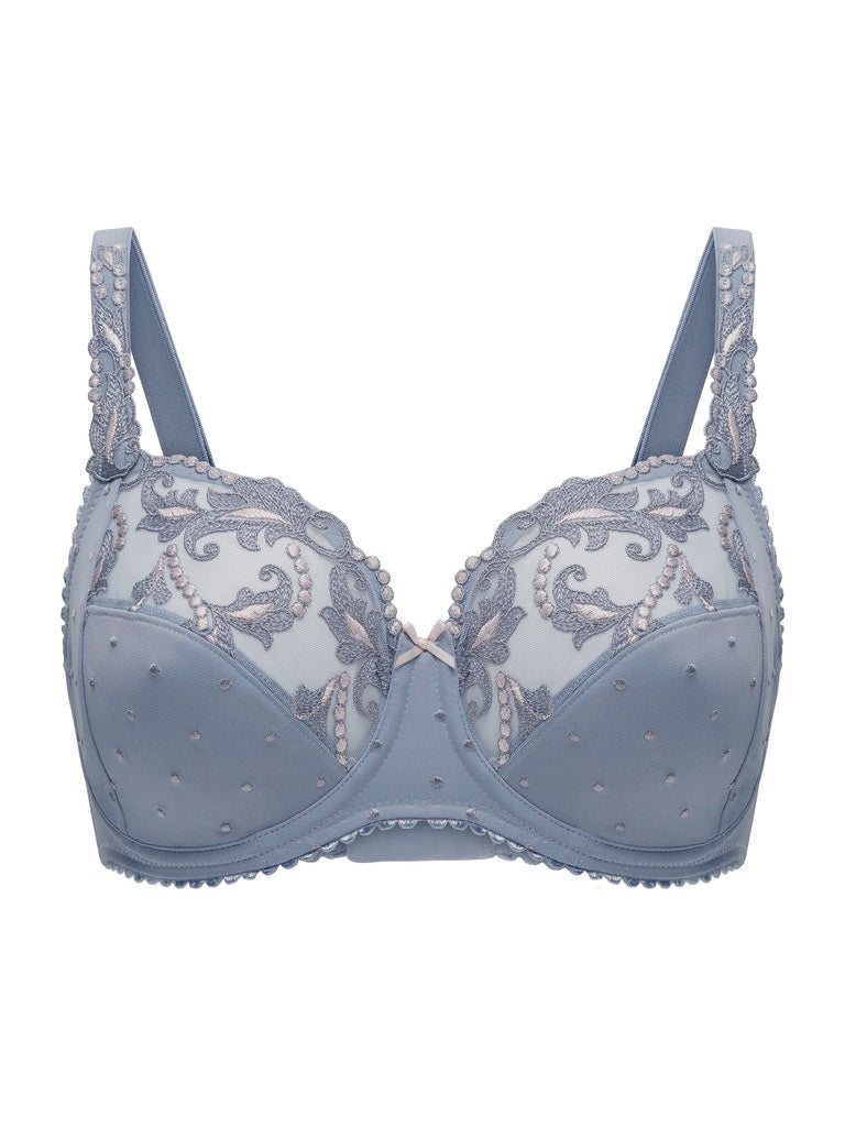 Conturelle Secret Delight Bra in Nordic blue with sheer lace cups, floral embroidery, and underwire support for full figure elegance and comfort.